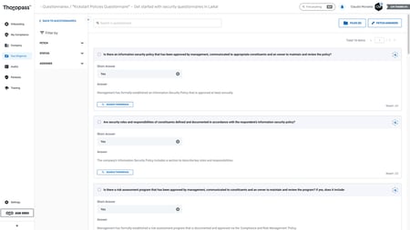 Security questionnaires being managed in the Thoropass App